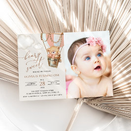 Teddy Bear, Pink Hot Air Ballon, Erster Geburtstag Einladung