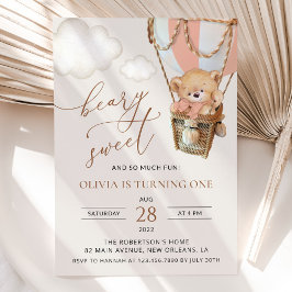 Teddy Bear, Pink Hot Air Ballon, Erster Geburtstag Einladung