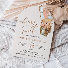 Teddy Bear, Pink Hot Air Ballon, Erster Geburtstag Einladung