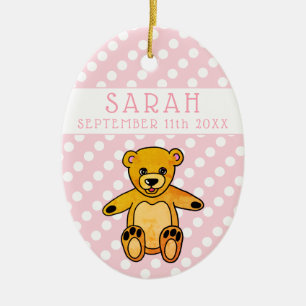 Teddy Bear Pink Polka Dot Baby Girl Geburtsdatum Keramik Ornament