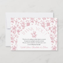 Teddy Bear Pink Toile Baby Dusche Danke Karte