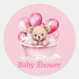 Teddy Bear Pink Tub & Balloon Girl Babydusche Runder Aufkleber
