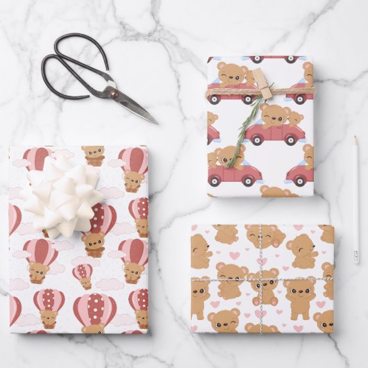 Teddy Bear Pink und Brown Girl Geschenkpapier Set (Vorderseite)
