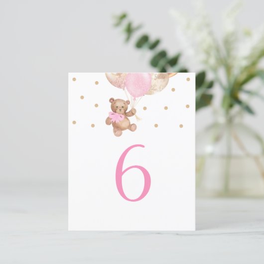 Teddy Bear Pink und Gold Tischnummer Sign (Stehend Vorderseite)