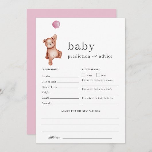 Teddy Bear Pink Vorhersage und Beratung Baby Dusch Einladung (Vorne/Hinten)