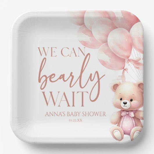 Teddy Bear Pink We Can Bearly Wait Baby Shower Pappteller (Vorderseite)