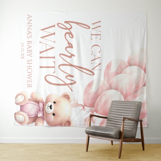Teddy Bear Pink We Can Bearly Wait Baby Shower Wandteppich (Beispiel (Horizontal))