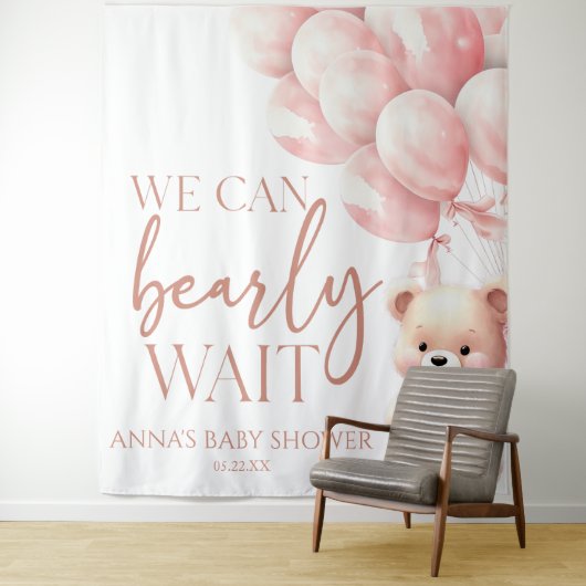 Teddy Bear Pink We Can Bearly Wait Baby Shower Wandteppich (Beispiel)