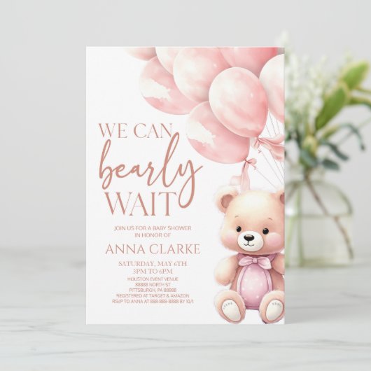 Teddy Bear Pink wir können frühzeitig abwarten Bab Einladung (Stehend Vorderseite)