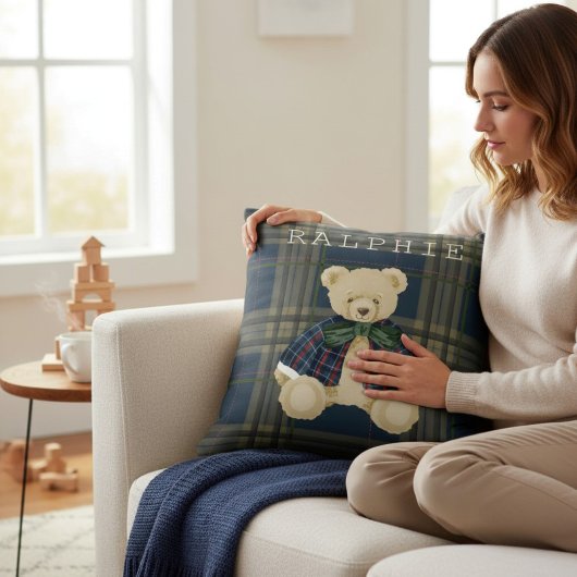 Teddy Bear Plaid Nursery Decor Throw Pillow Kissen