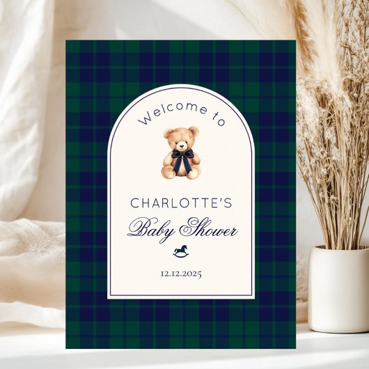 Teddy bear Preppy Plaid Baby Shower Welcome Poster