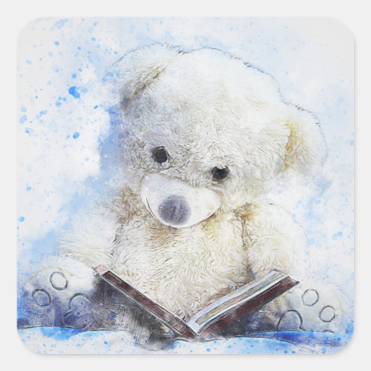 Teddy Bear Reading Classic Square Stickers (Vorderseite)