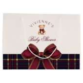 Teddy Bear Red Gold Bow Plaid Baby Shower Große Geschenktüte (Rückseite)