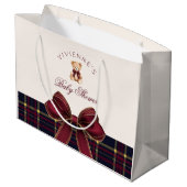 Teddy Bear Red Gold Bow Plaid Baby Shower Große Geschenktüte (Rückseite Schrägansicht)