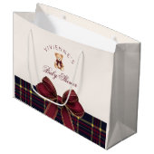 Teddy Bear Red Gold Bow Plaid Baby Shower Große Geschenktüte (Vorderseite Schrägansicht)