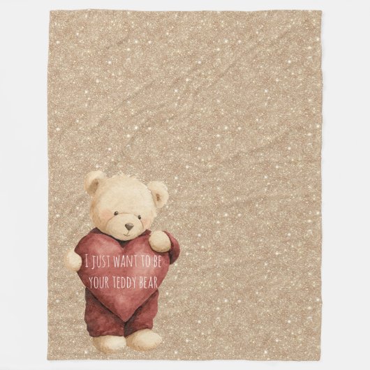 Teddy Bear Red Heart Gold Glitter Fleecedecke (Vorderseite)