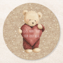 Teddy Bear Red Heart Gold Glitter Runder Pappuntersetzer