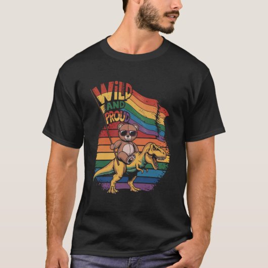 Teddy Bear reitet einen Dinosaurier mit Regenbogen T-Shirt (Vorderseite)