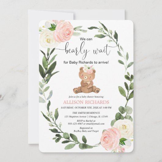 Teddy Bear rosa grüne Blumengrün Mädchen Babydusch Einladung (Vorderseite)