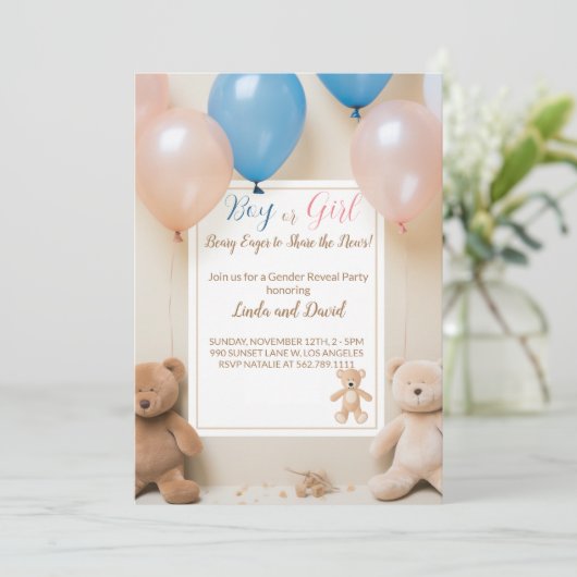 Teddy Bear: Rosa oder Blaues Geschlecht offenbaren Einladung (Stehend Vorderseite)