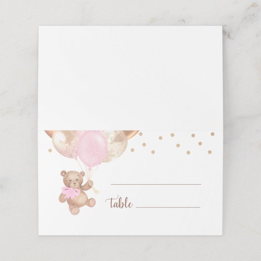 Teddy Bear Rose Gold Balloons Babydusche Platzkarte (Außenseite Aufgefaltet)