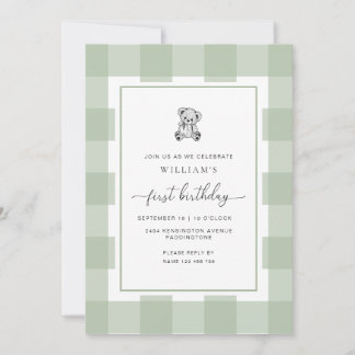 Teddy Bear Sage Gingham Einladung zum 1. Geburtsta
