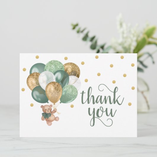 Teddy Bear Sage Green Baby Dusche Danke Karte (Stehend Vorderseite)