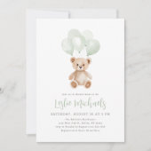 Teddy Bear Sage Green Balloon Babydusche Einladung (Vorderseite)