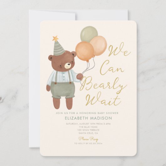 Teddy Bear Sage Green Bearly Wait Baby Dusche Einladung (Vorderseite)