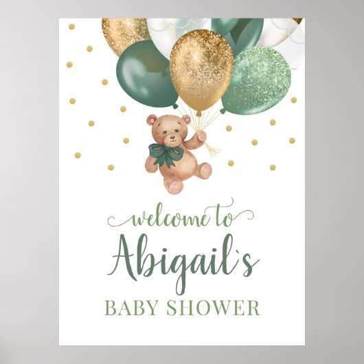 Teddy Bear Sage Green Begrüßungs Baby Dusche Poster (Vorne)