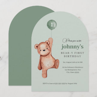 Teddy Bear Sage Green erste Geburtstagspartei Einladung