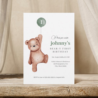 Teddy Bear Sage Green erste Geburtstagspartei Einladung