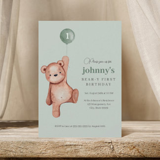 Teddy Bear Sage Green erste Geburtstagspartei Einladung
