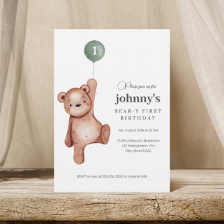Teddy Bear Sage Green erste Geburtstagspartei Einladung