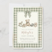 Teddy Bear Sage Green Gingham Bow Baby Shower Einladung (Vorderseite)