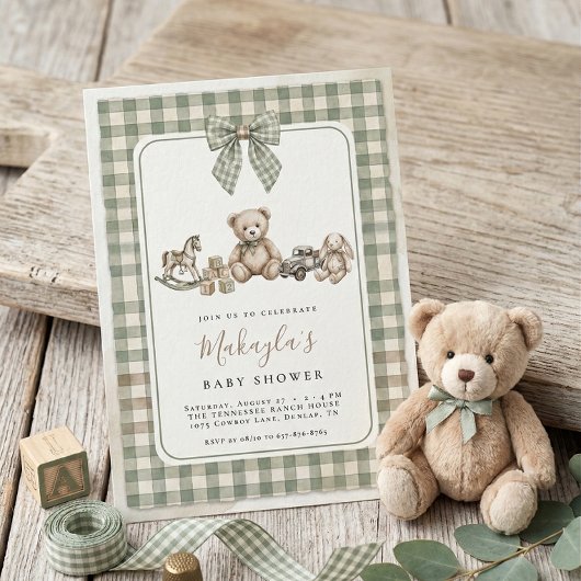 Teddy Bear Sage Green Gingham Bow Baby Shower Einladung