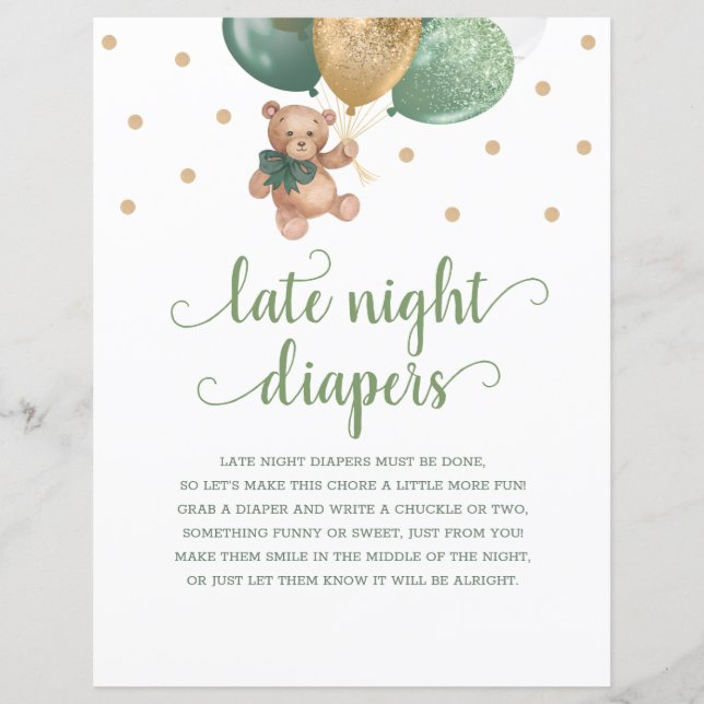 Teddy Bear Sage Green Spate Night Diaper Game (Vorderseite)
