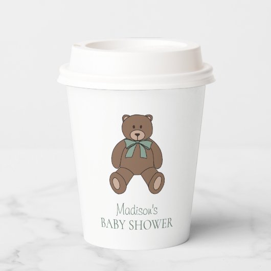 Teddy Bear Sage Green White with Name Baby Shower Pappbecher (Rückseite)