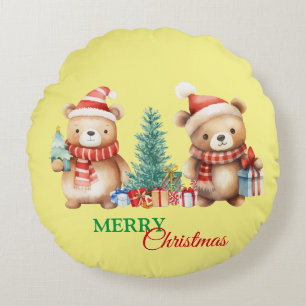Teddy Bear Santa Red Green Frohe Weihnachts-Party Rundes Kissen