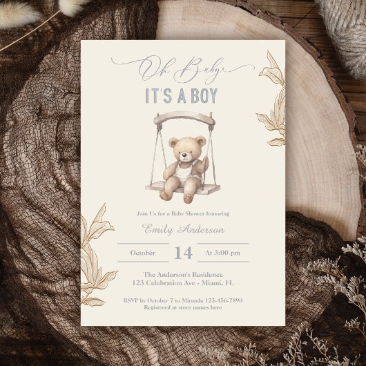 Teddy Bear Script Boho Baby Shower Boy Einladung