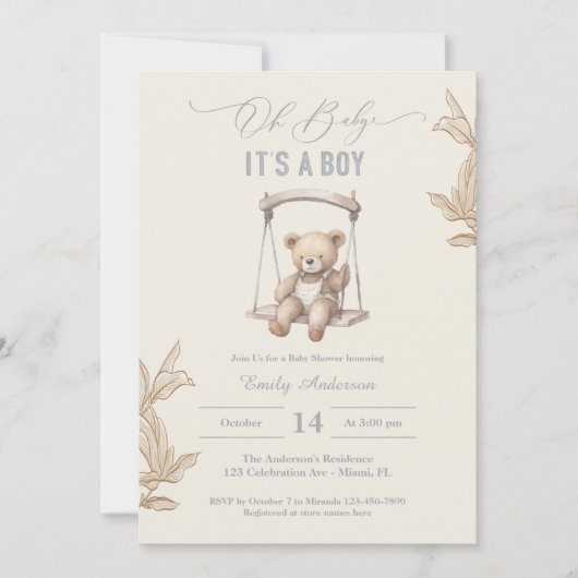 Teddy Bear Script Boho Baby Shower Boy Einladung (Vorderseite)
