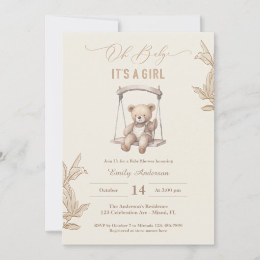 Teddy Bear Script Boho Baby Shower Girl Einladung (Vorderseite)