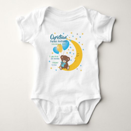 Teddy Bear sitzt auf dem Mond Baby Birth Stats Baby Strampler (Vorderseite)