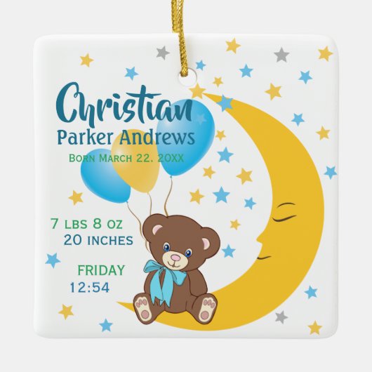 Teddy Bear sitzt auf dem Mond Baby Birth Stats Keramikornament (Vorderseite)