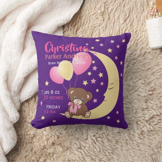 Teddy Bear sitzt auf dem Mond Baby Birth Stats Kissen (Decke)