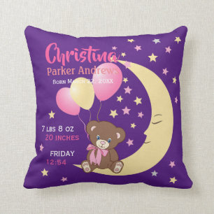 Teddy Bear sitzt auf dem Mond Baby Birth Stats Kissen