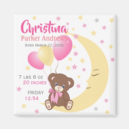 Teddy Bear sitzt auf dem Mond Baby Birth Stats Magnet (Vorne)