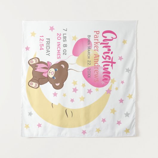 Teddy Bear sitzt auf dem Mond Baby Birth Stats Wandteppich (Vorderseite (Horizontal))