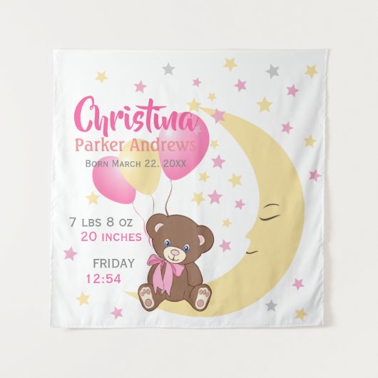 Teddy Bear sitzt auf dem Mond Baby Birth Stats Wandteppich (Vorderseite)