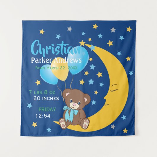 Teddy Bear sitzt auf dem Mond Baby Birth Stats Wandteppich (Vorderseite)